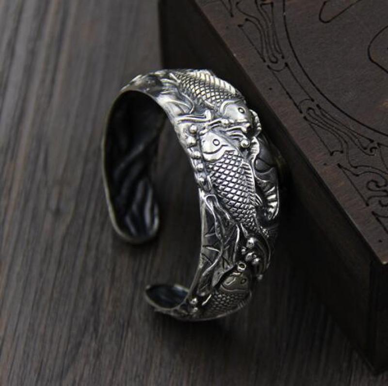 Vintage Zilveren Kleur Karper Open Manchet Bangle Unisex Prachtig Gesneden Mode Armband