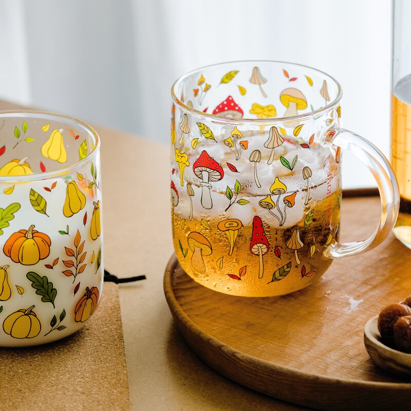 Jinyoujia värmebeständig med handtag glasmugg frukost mjölkkopp söt kontor hem kaffemuggar citron svamp pumpa mönster