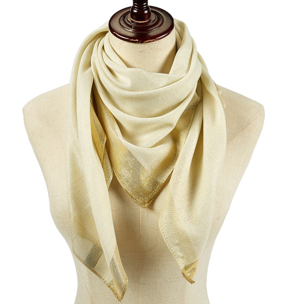 Foulard carré uni avec bordure en Lurex doré pour femme, châle léger, 90x90 cm