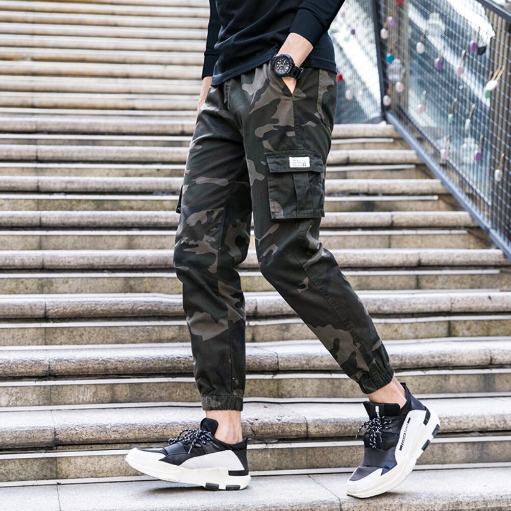 Camo Mannen Werkkleding Broek Dunne Multi-Pocket Enkel Stropdas Elastische Taille Straight Cargo Broek Met Meerdere Zakken