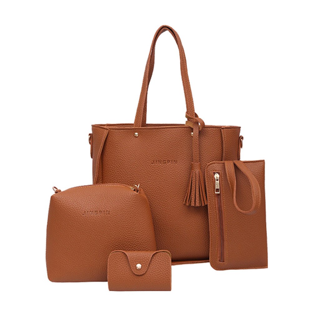 Women Bag Set Top-Handle Big Capacity Female Tassel Handbag Shoulder Bag Purse Ladies PU Leather Crossbody Bag #L10: Brown