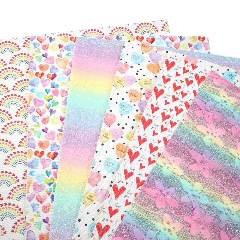 6 stk / sæt kærlighed hjerte regnbue assorteret trykt kunstlæder ark vinyl stof til fremstilling af håndlavet tekstilhåndværk ,1 yc 9880