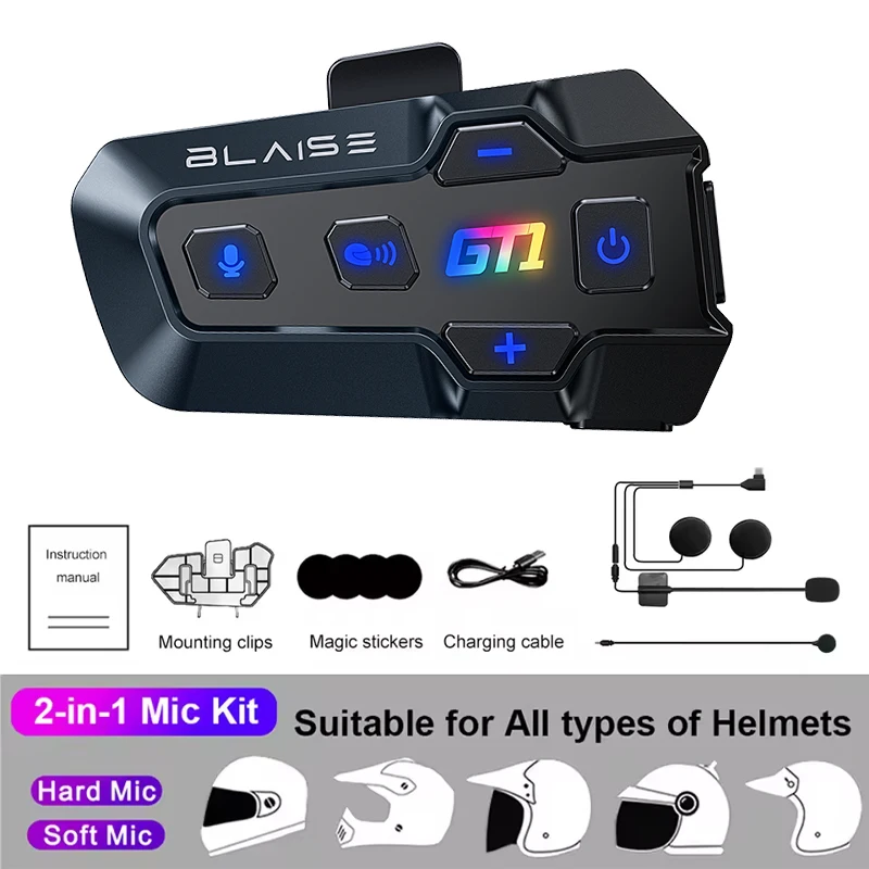 BLAISE GT1 Motorcycle Bluetooth Intercom Music Sharing 1000m 2 Riders Group Helmet Communication Speaker Headset Interphone: Blue