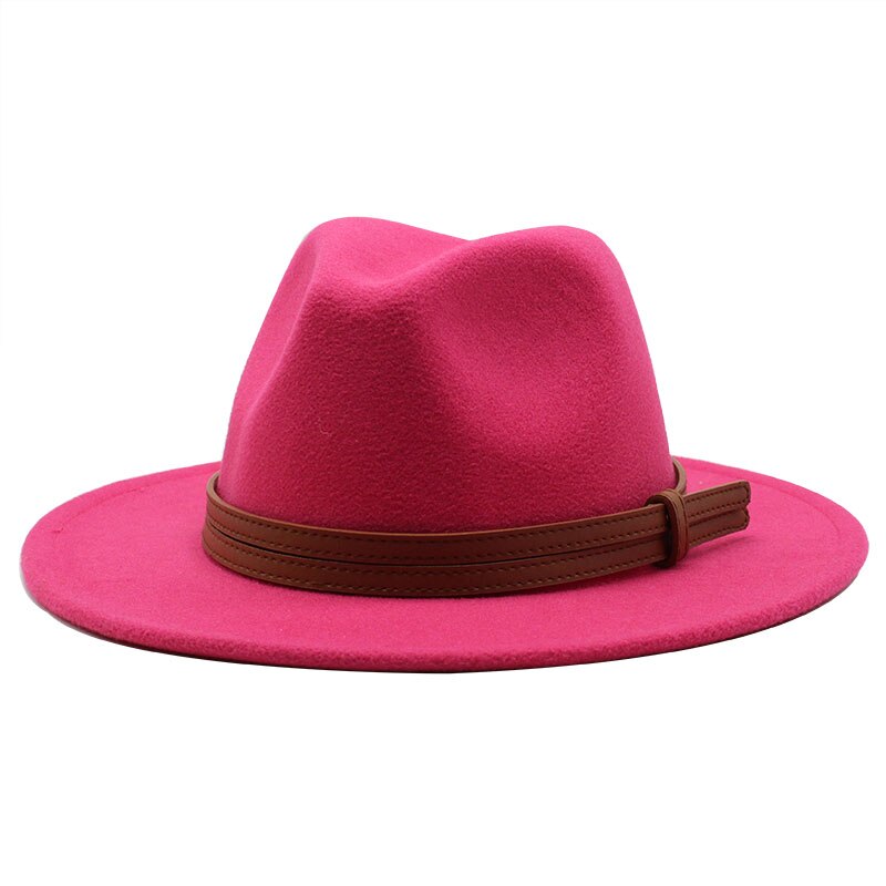 Chapeau fedora d'hiver en laine pour femme, casquette en feutre à large bord, chapeau trilby pour homme, panama, fête formelle, haut-de-forme, 19 couleurs: Rose rouge