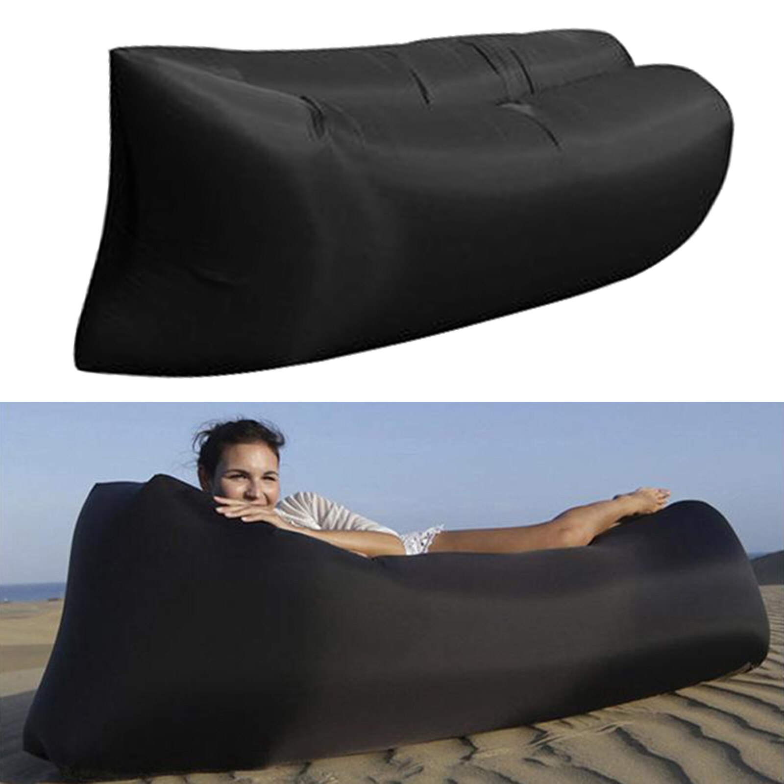 Hamaca de aire inflable, tumbona, saco de dormir suave, cama para acampada al aire libre, Playa: Black