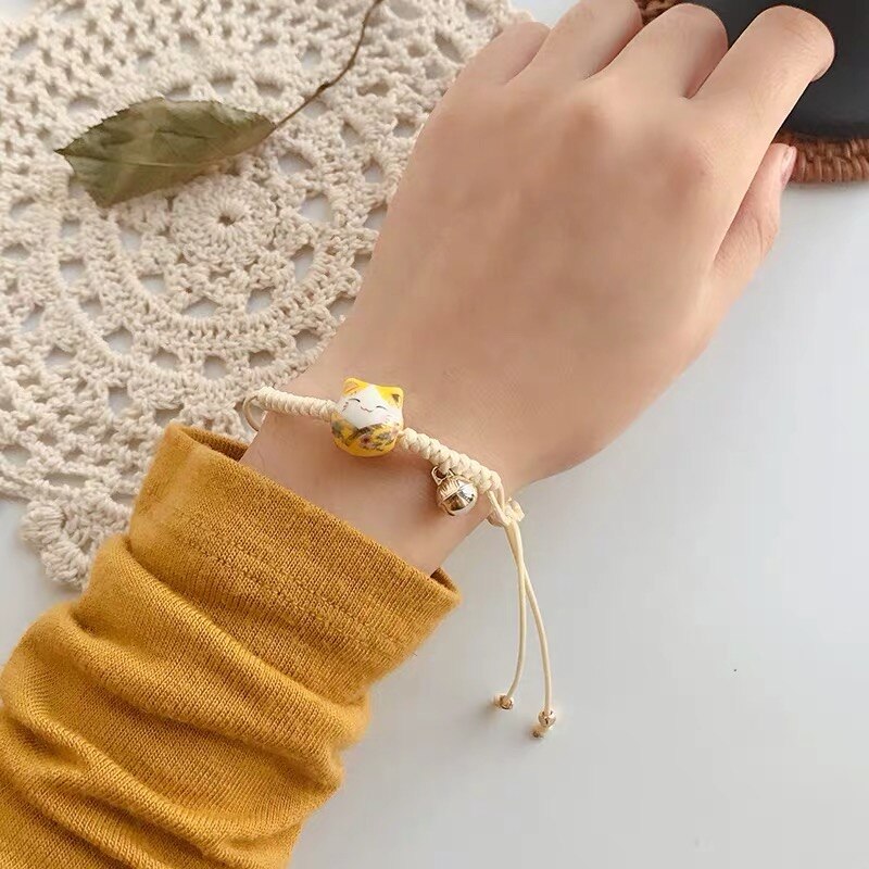 Pulsera ajustable con de gato de la suerte para mujer y niña, brazalete colorido hecho a mano, con borlas, de cumpleaños, Maneki Neko