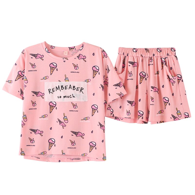Qweek pyjamas til kvinder bomuld pijamas kortærmet pyjamas løs afslappet lounge wear nattøj todelt sæt sommer: Xl