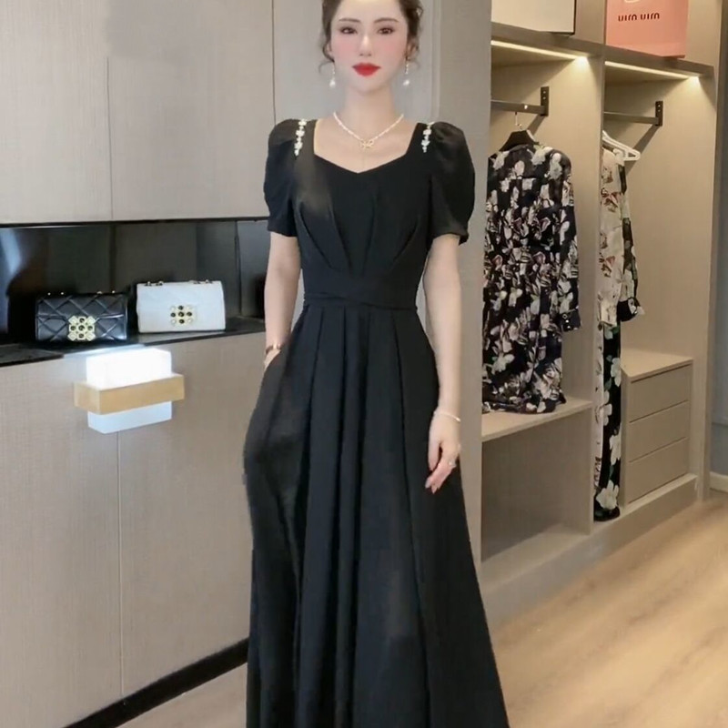 Hepburn-kjole i sommerstil, eksklusiv fransk retro-kjole med firkantet hals og høj talje, temperamentsfuld slim fit: Xxxl / Sort