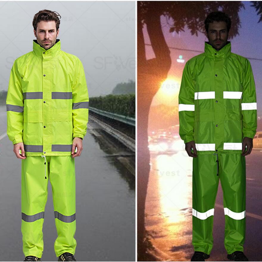Fluorescent orange Safety Raingear Hi Vis Rainsuit Waterproof Hooded Parka &amp; Pants with reflective tape: Yellow suit / M