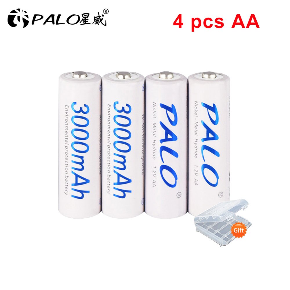 PALO 4/8/12/16pcs AA Battery Ni-MH 3000mAh 1.2V AA Rechargeable Batteries AA Bateria Baterias + 2pcs Battery Hold Case Boxes: 4pcs AA white