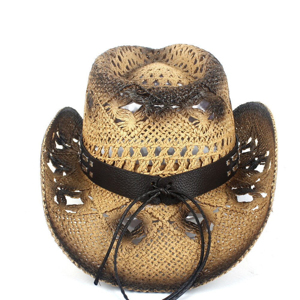 Sombrero de vaquero occidental de paja ahuecado para hombres y mujeres Sombrero de Sol de talla 56- 58 CM