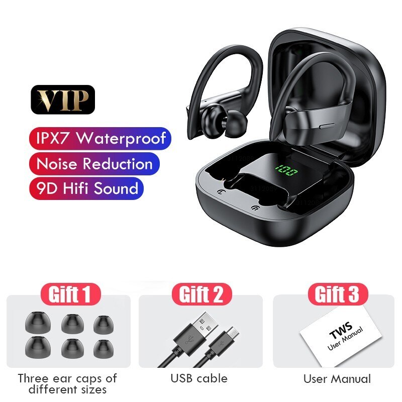 Wireless Headphones TWS Bluetooth 5.0 Earphones 9D Hifi Stereo Sports Waterproof Headphone LED Display Earphone Ear Hook Headset: Black