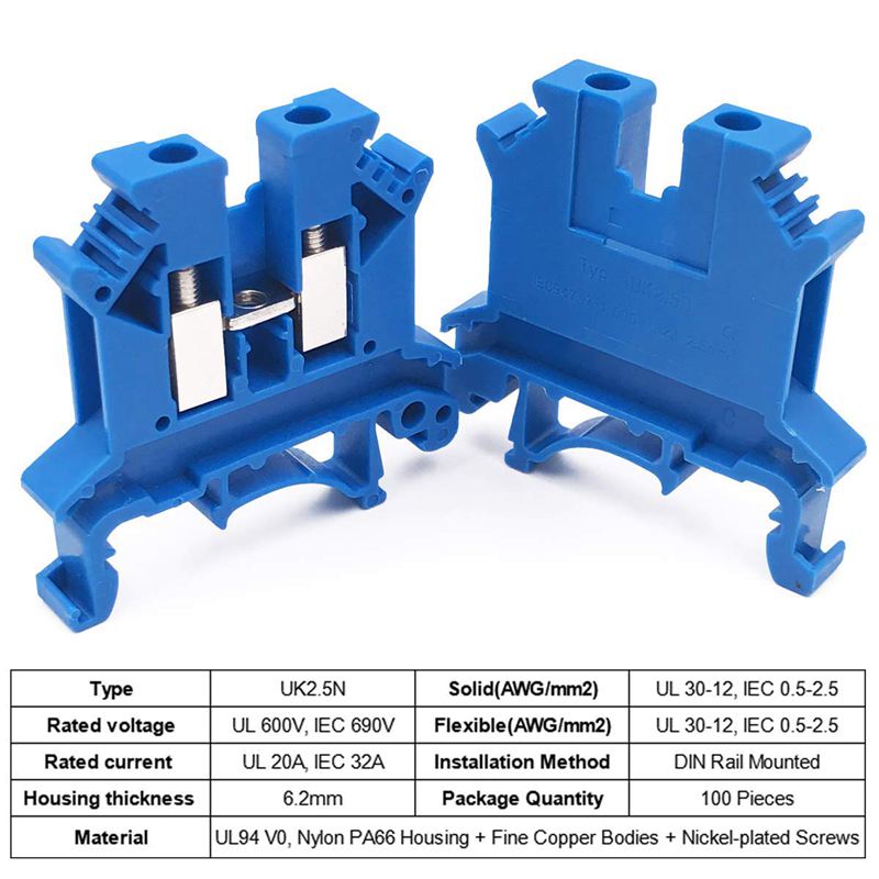 Kombinator  dk2.5n-bl 10 -gjengs strømfordeling  dk2.5n-bl 10- gjengs bokskobling din-skinne rekkeklemmer , 12-22 awg , 20 amp , 600