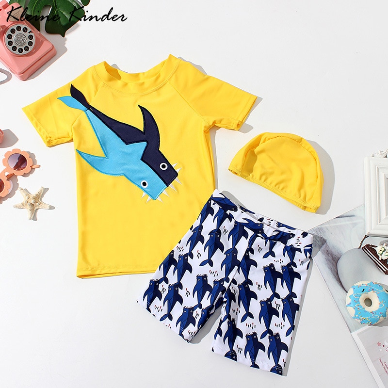 Swimwear Boys Three Pieces Baby Boy Swimming Suit Sun Protection Newborn Infant UV Bath Clothes Shark Print Yellow Swimsuit Kids