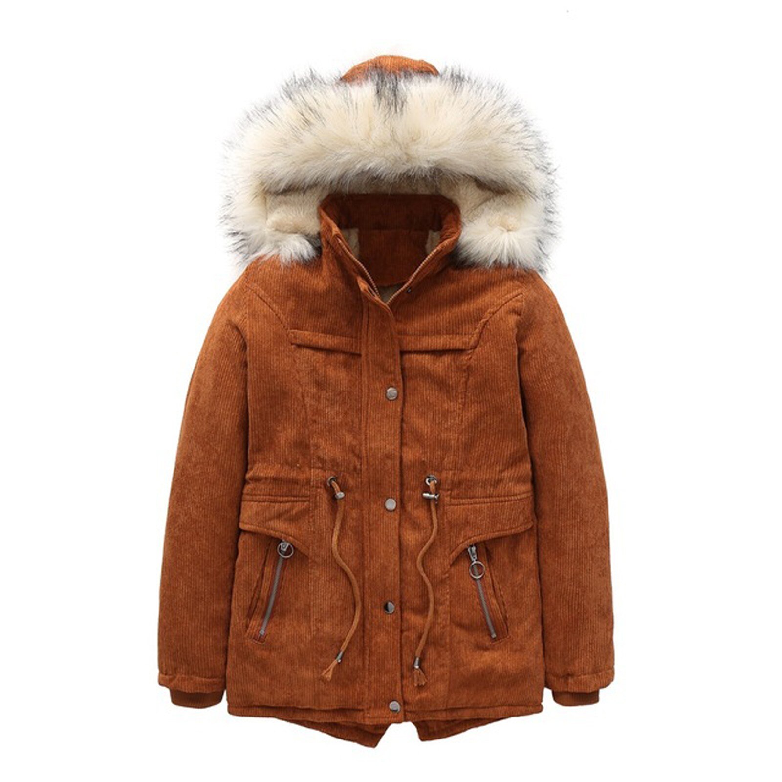 Hiver enfants couleur unie velours côtelé à capuche veste à glissière cordon veste vêtements en plein air hiver cyclisme Ski vêtements: Marron / XXL