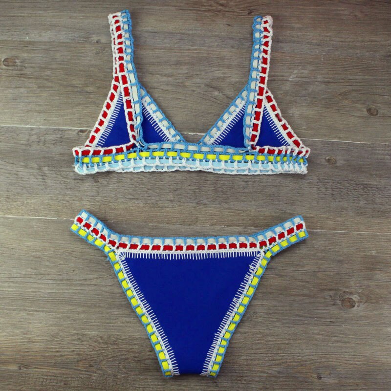 Women's Bikini Hand Crocheted Knit Patchwork Swimsuit Women Swimwear Beach Vacation Halter Top Maillot Biquini Bathing Suits