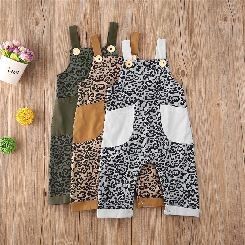 0-5Y Baby Baby Meisjes Jongens Kids Overalls Broek Luipaard Print Pocket Patchwork Rompertjes Jumpsuits Zomer Kleding