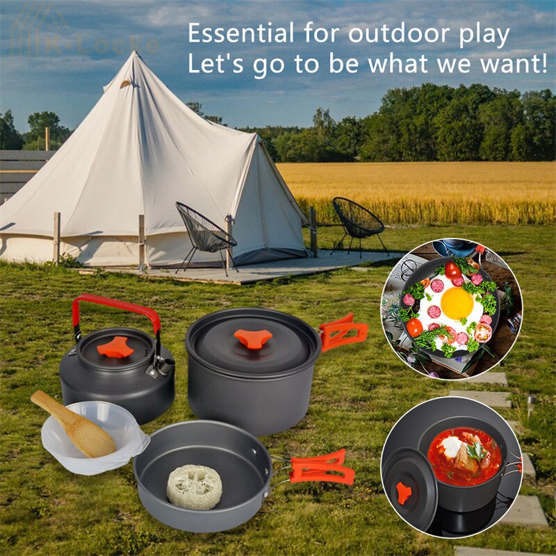 Portable Camping Cookware Kit Outdoor Aluminum Cooking Pot Set Water Kettle Pan Pot Folded Travel Hiking Picnic BBQ Tableware