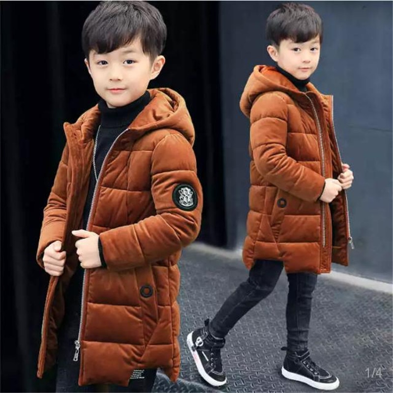 Winter Gold Velvet Jacket For Boys Korean Version Coat Hooded Thicken Mid-Length Handsome Children's Clothing