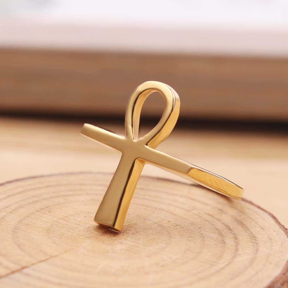 Oude Egypte Ankh Goud Kleur Vintage Cross Ring Voor Vrouwen Amulet Mode Ring Sieraden Punk Etnische Religie Kerstcadeaus