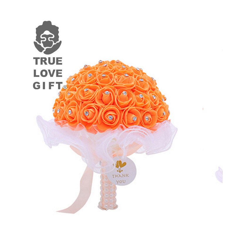 10 Colors Handmade Foam Flowers Crystal Wedding Bouquets Romantic Bridesmaid Rose Bridal Bouquet Ribbon For Wedding Mariage: Orange
