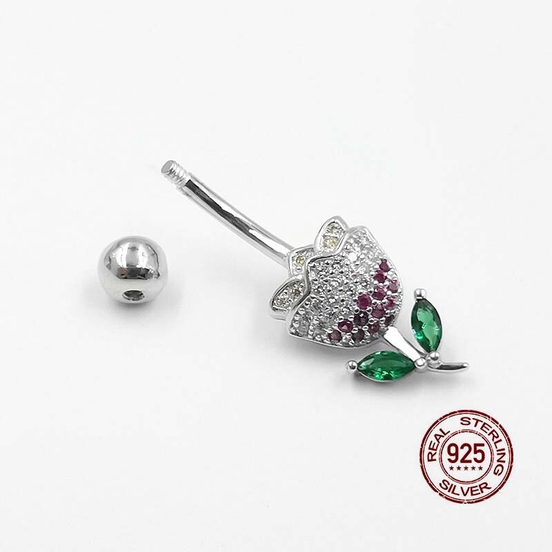 Hallolook – Piercing de Nombril en argent Sterling 925, fleur, anneau de Nombril, Anti-allergie, Zircon, barres de Piercing, bijoux