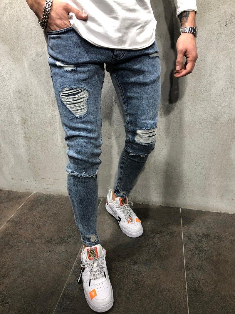 Light Blue Pencil Pants Jean Men Destroyed Streetwear Denim Trousers Skinny Ripped Hole Jeans Male Plus Size 3XL Europe Style