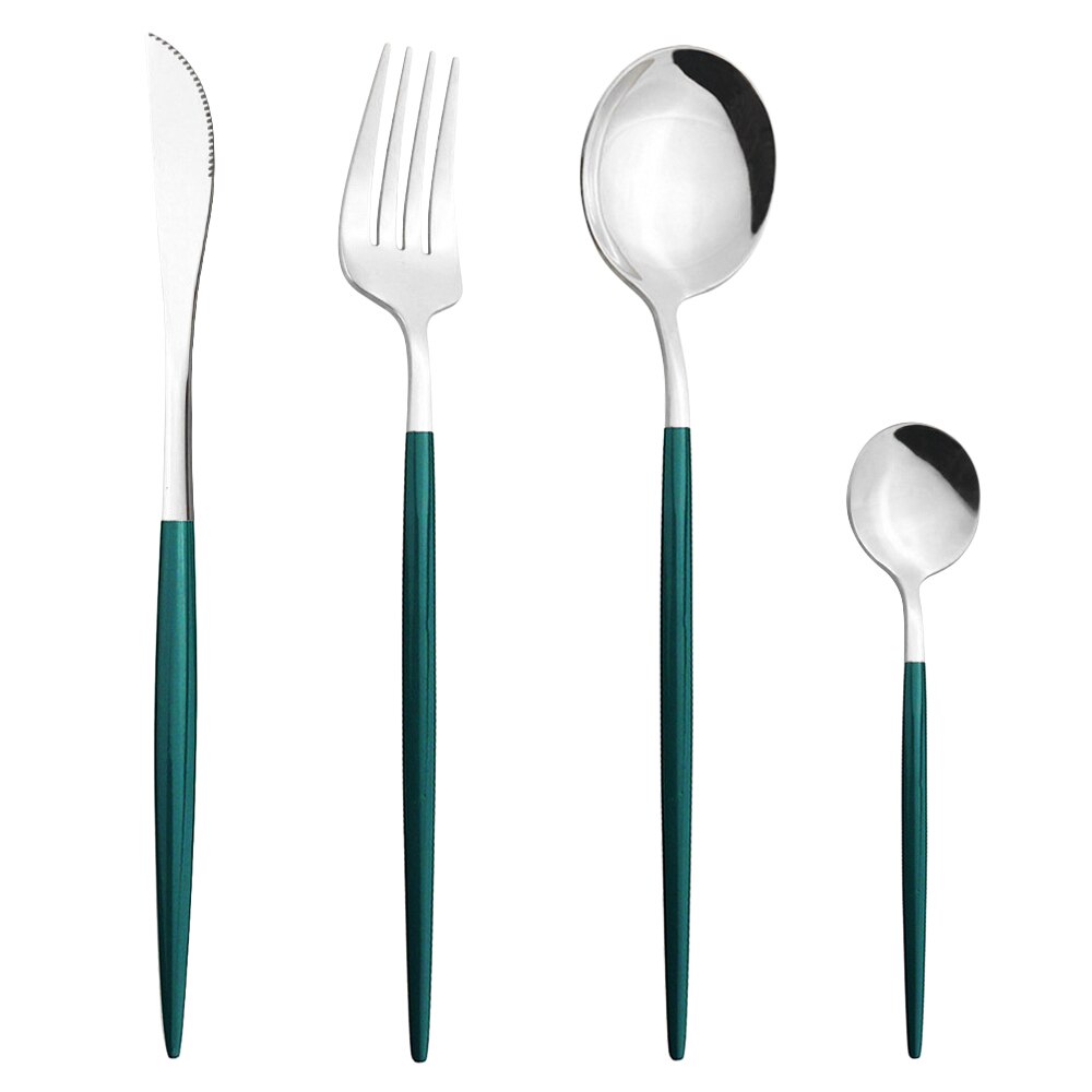 Schwarz Silber Besteck Set Abendessen Messer Dessert Gabel Löffel Stäbchen Geschirr Set Edelstahl Besteck Küche Geschirr: 4Pcs Green Silver