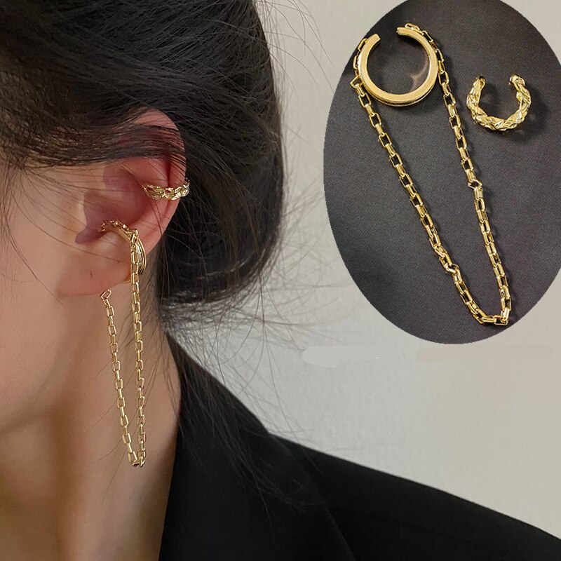 Huanzhi simpel guld metal asymmetri lang kvast ingen piercing øre manchet krystal krog klip øreringe til kvinder smykker: B
