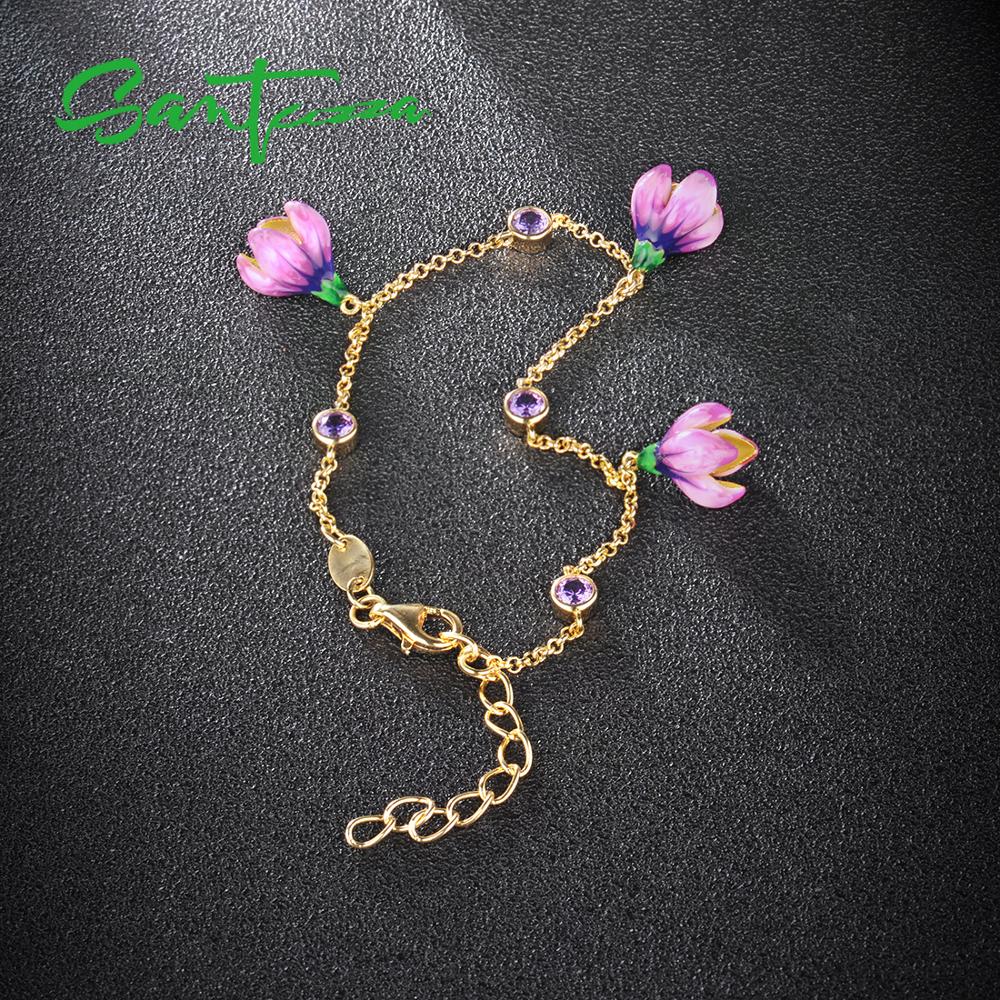 )Zza bracciale in argento per donna argento Sterling 925 elegante fiore rosa regolabile Color oro gioielleria raffinata smalto fatto a mano