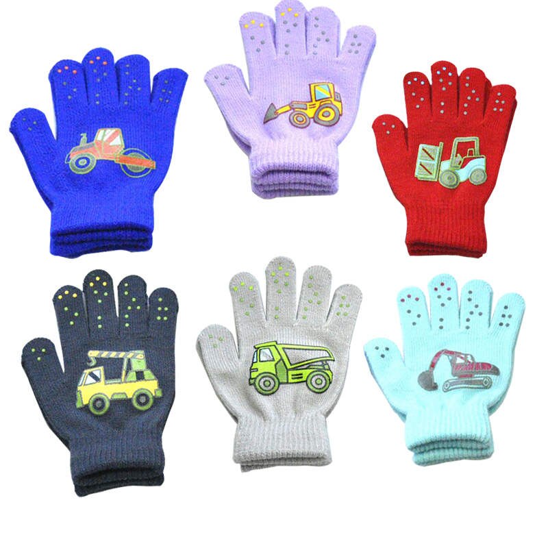 Warmom 6-12Y Children Winter Cold And Warm Outdoor Sports Knitted Gloves Small Engineering Vehicle Pattern Printing Gloves