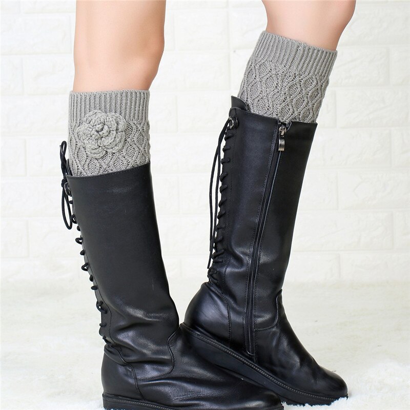 Handgemaakte Bloemen In Buis Voet Cover Gebreide Warm Boot Cover Dames Herfst En Winter Wollen Garen Beenwarmers Sokken effen: Grijs