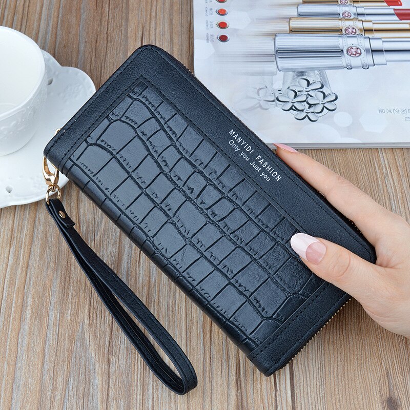 Nueva cartera larga de para mujer, bolso de mano con de cocodrilo y cremallera, Cartera de piel suave de gran capacidad, bolso para teléfono móvil: Black