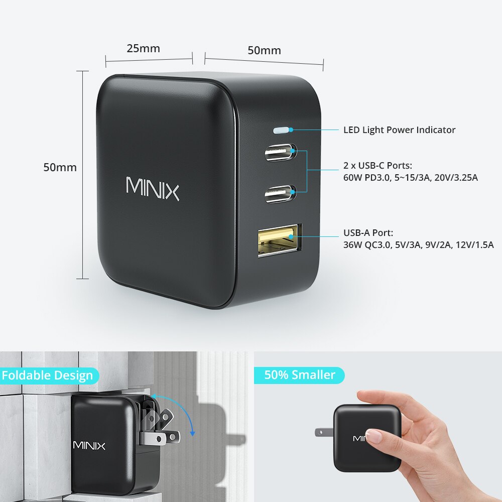 Minix neo p1 66w carregador de gan usb carregador rápido para macbook 3 portas tipo c carregador rápido ue/eua/reino unido/au plug adaptador para iphone ipad