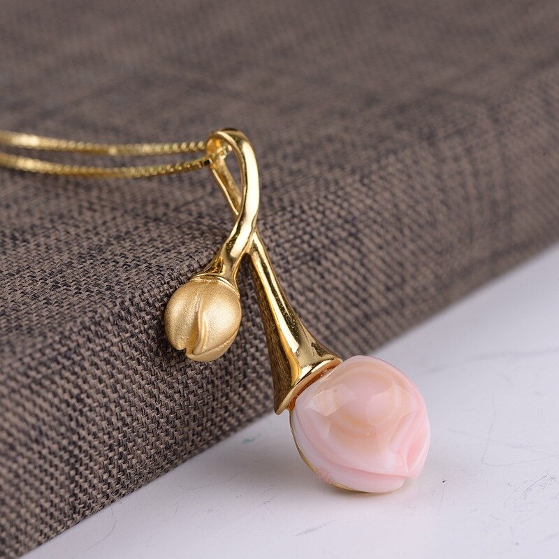925 Sterling Zilver Roze Shell Magnolia Bloem Ring Oorbellen Ketting Sieraden Sets Vrouwen Originele Handgemaakte Craft Trendy: only necklace