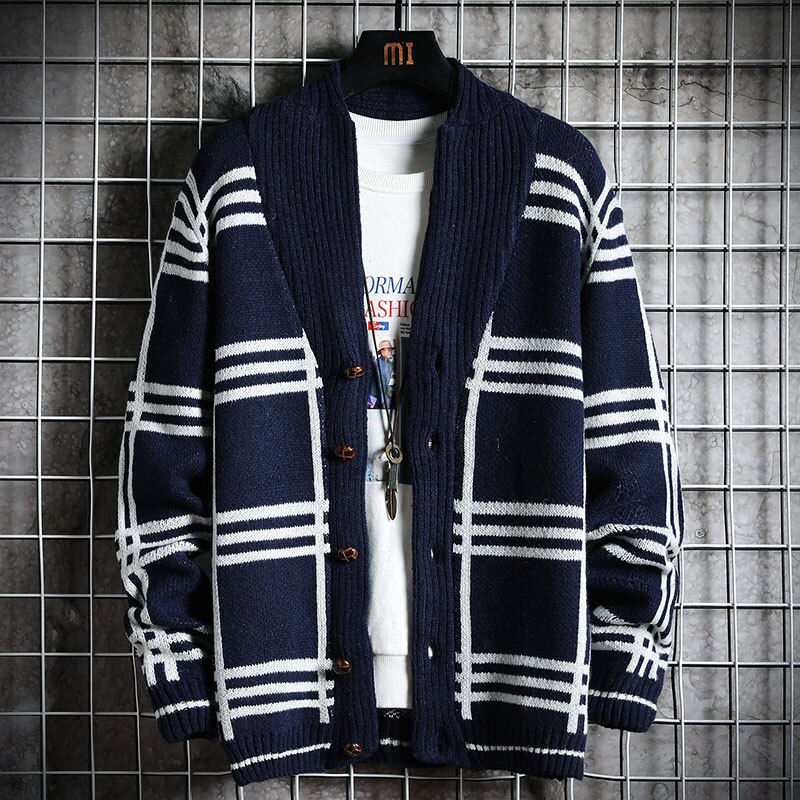 Huncher Heren Gebreide Vest Mannen Herfst Winter Trui Oversized Koreaanse Gestreepte Patchwork Vesten Zwart Truien Voor Mannen: Navy Cardigan Men / Asian-L