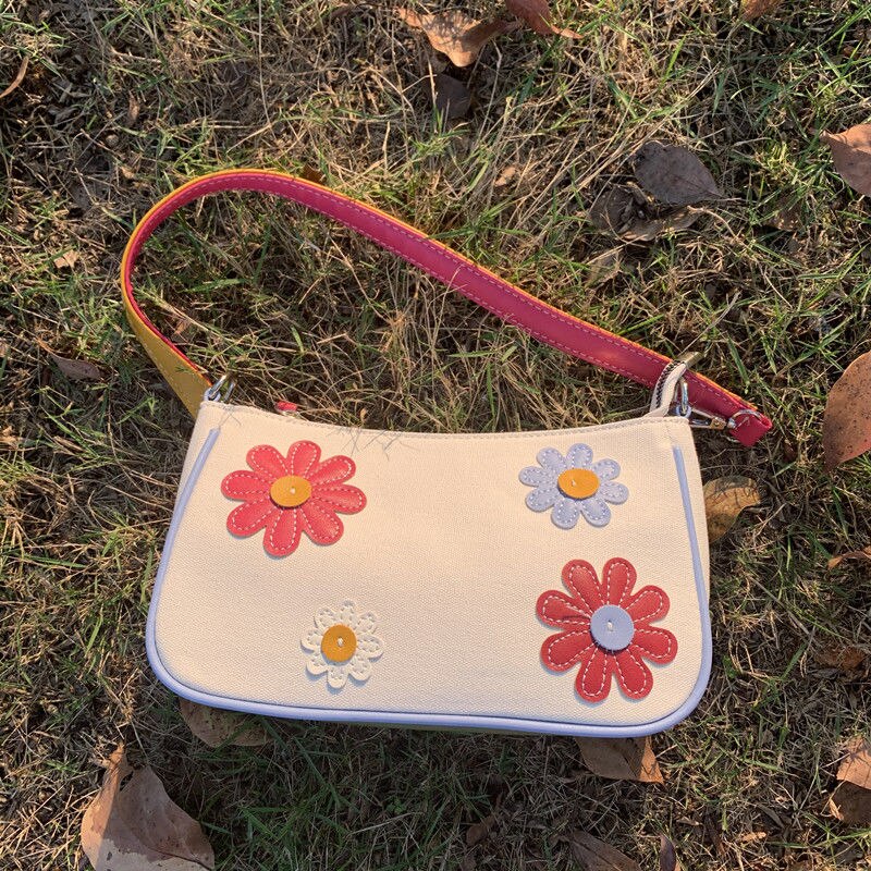 Vintage-damen-armtasche mit blumenmuster und kontrastfarbener handtasche, süße kleine schultertasche