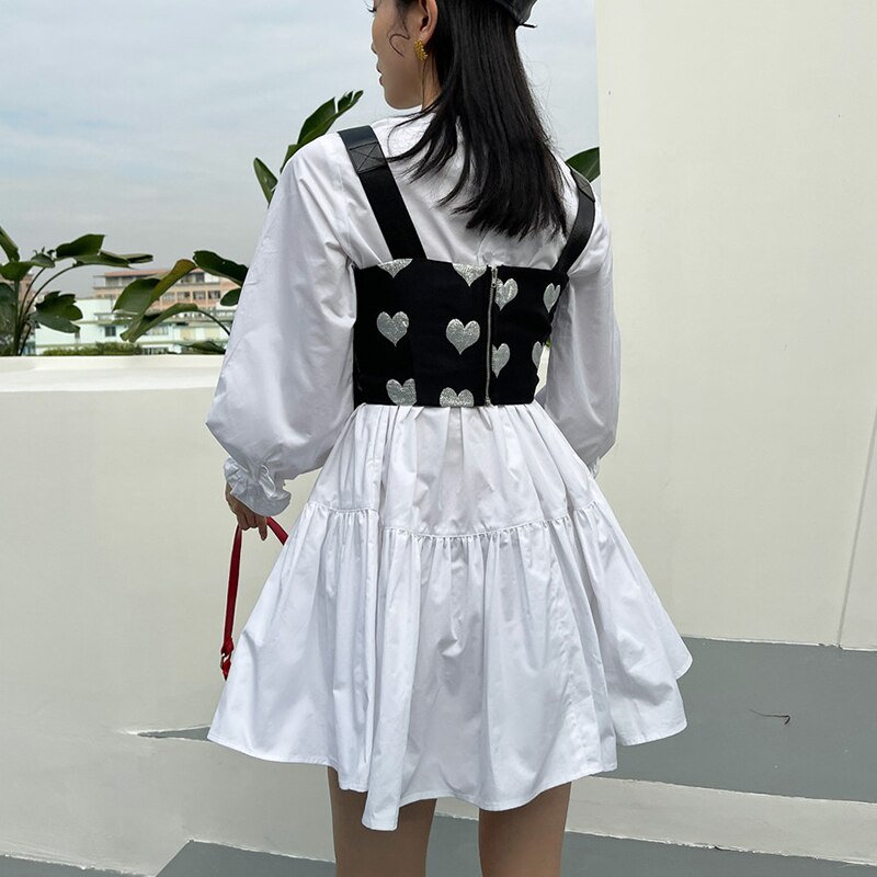 Jurk + Vest Tweedelige Sets Vrouwen Retro Wit Hart Hollow Out Lange Mouwen Jurken Sweet Leuke Boog Vest Streetwear Outfits