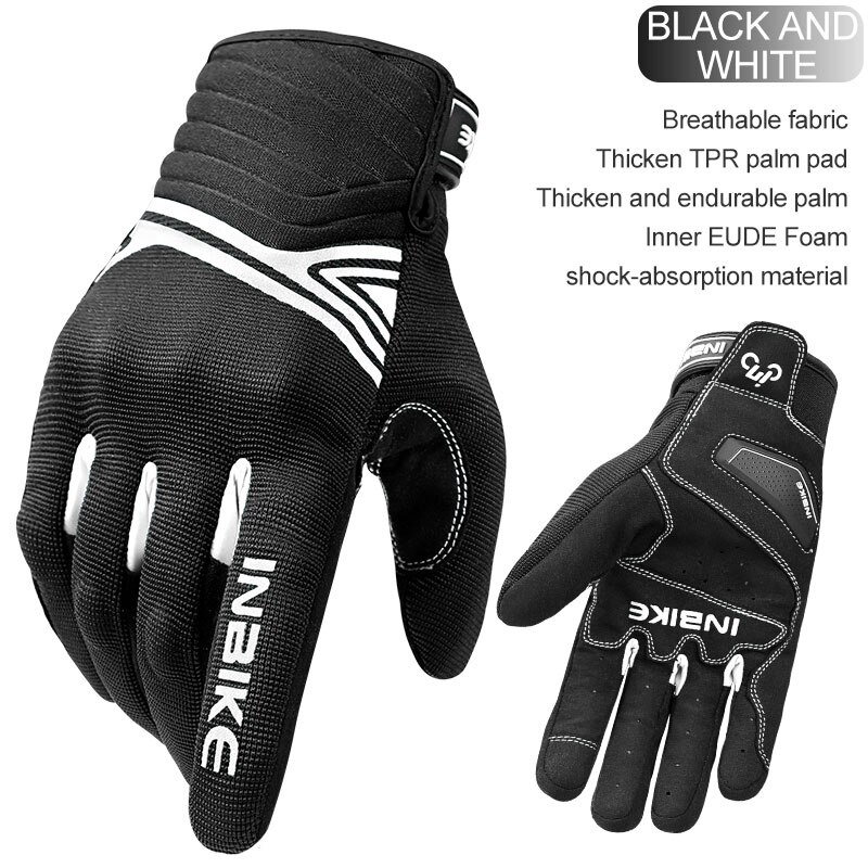 INBIKE-guantes para bicicleta resistentes a golpes, transpirables, para montar en bicicleta de montaña, con pantalla táctil de dedo completo para hombre: Black and White / XXL
