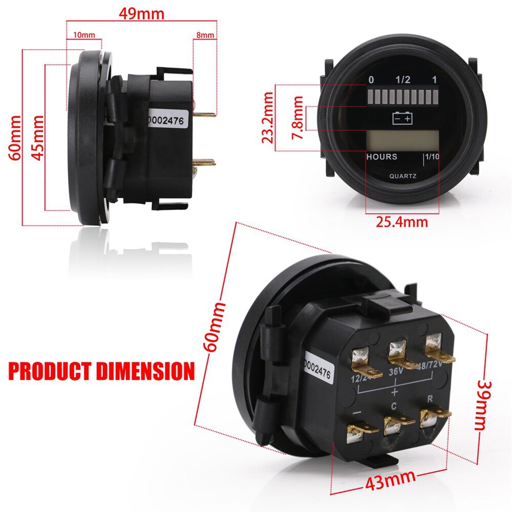 Universal Round LCD Hour Meter With LED Battery Indicator Gauge 12V 24V 36V 48V 72V