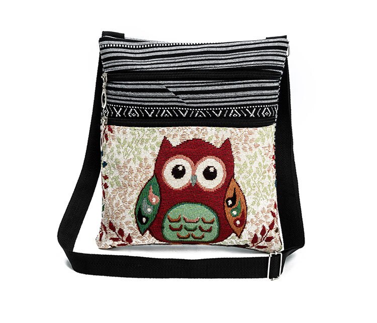 Vintage Frauen Kleine Taschen Cartoon Eule Druck Schulter Messenger Taschen Leinwand Nationalen Doppel-reißverschluss Mini Flap Bag Frau: B