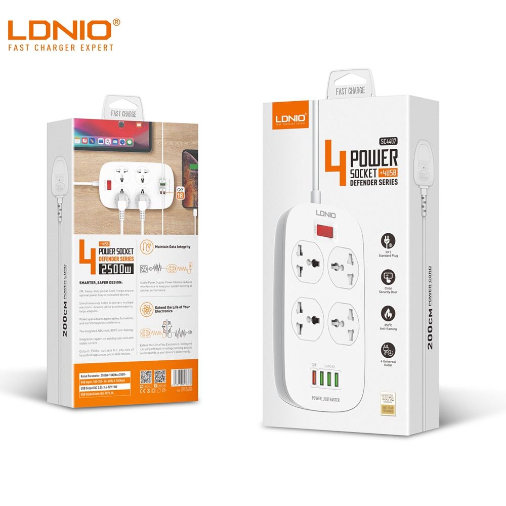 Ldnio eu us  uk 2500w eluttag  qc3.0 usb snabbladdning universal förlängning grenuttag 4 usb 10a uttag 2m smart switch