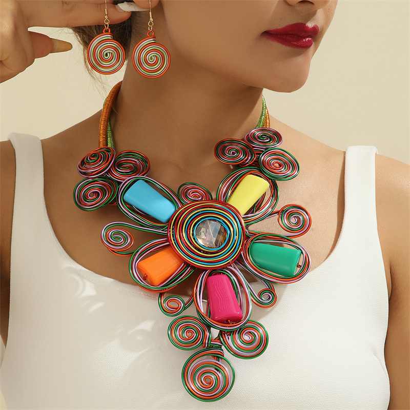 Conjunto de joyas coloridas de flores de aluminio exageradas para mujer, collar nupcial africano, pendientes, de joyería de ,