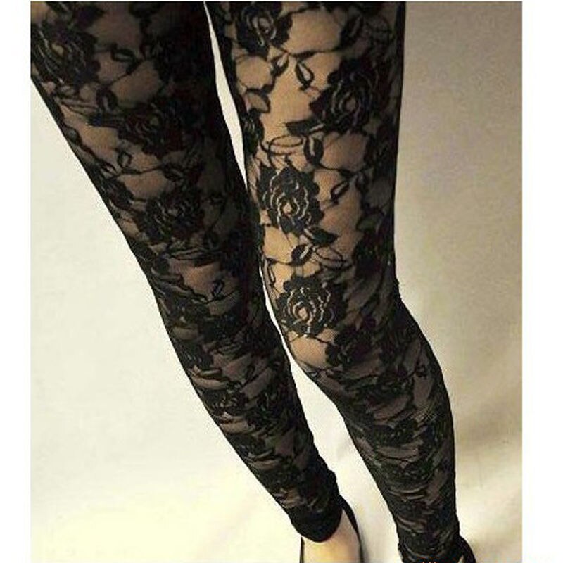 Women Stretch Crochet Lace Leggings Fitness Leggings Transparent Skinny Slim Sexy Hollow Out Rose Flower Trousers Perneiras: Black