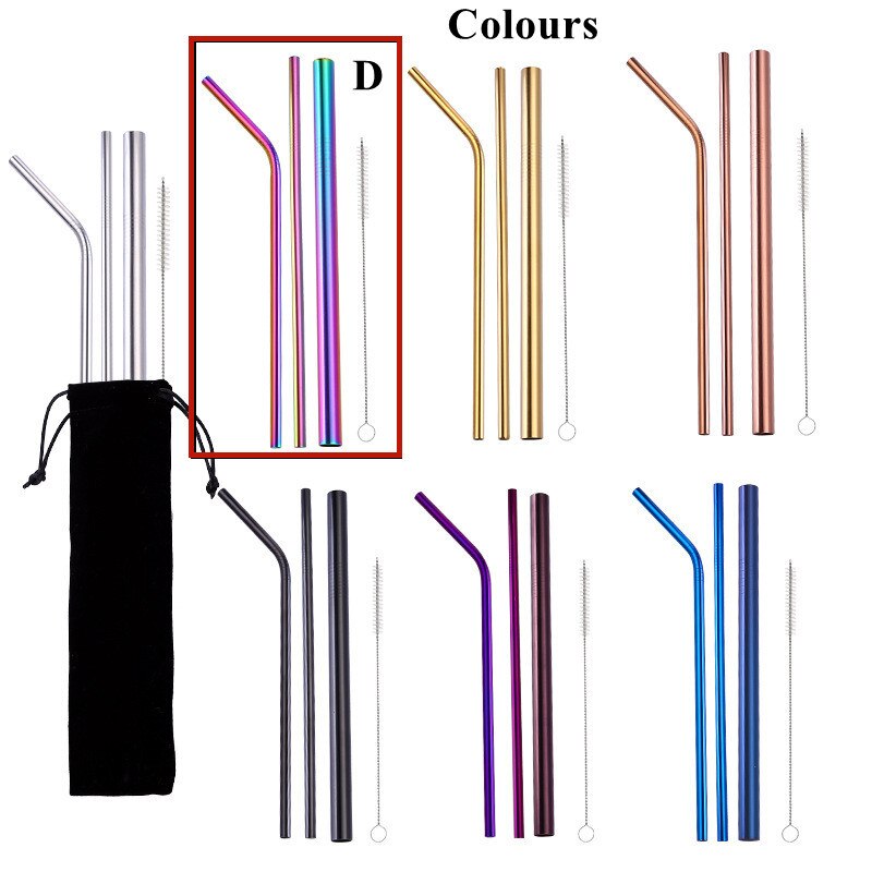 4pcs Stainless Steel Straws Eco-friendly Straw Reusable Drinking Straws with Clean Brush Coffee Milk Tea Straw Bar Home Tools: Colours D