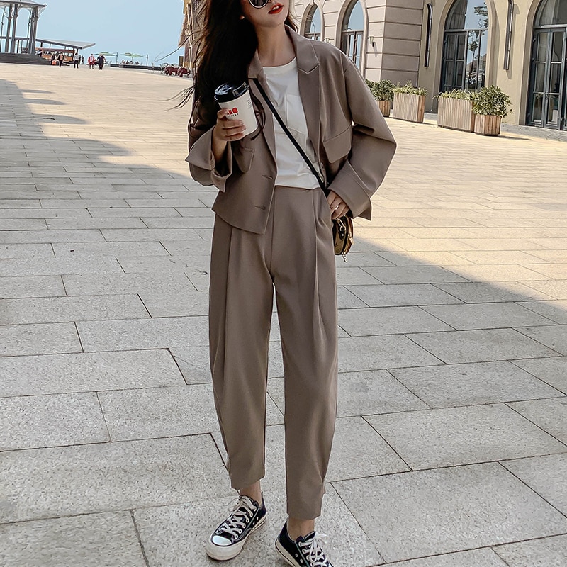 Kvinner 2 -delt sett høst uformelt blazere løs kontor dame forretningsdress kvinnelig koreansk blazer + dressbukse
