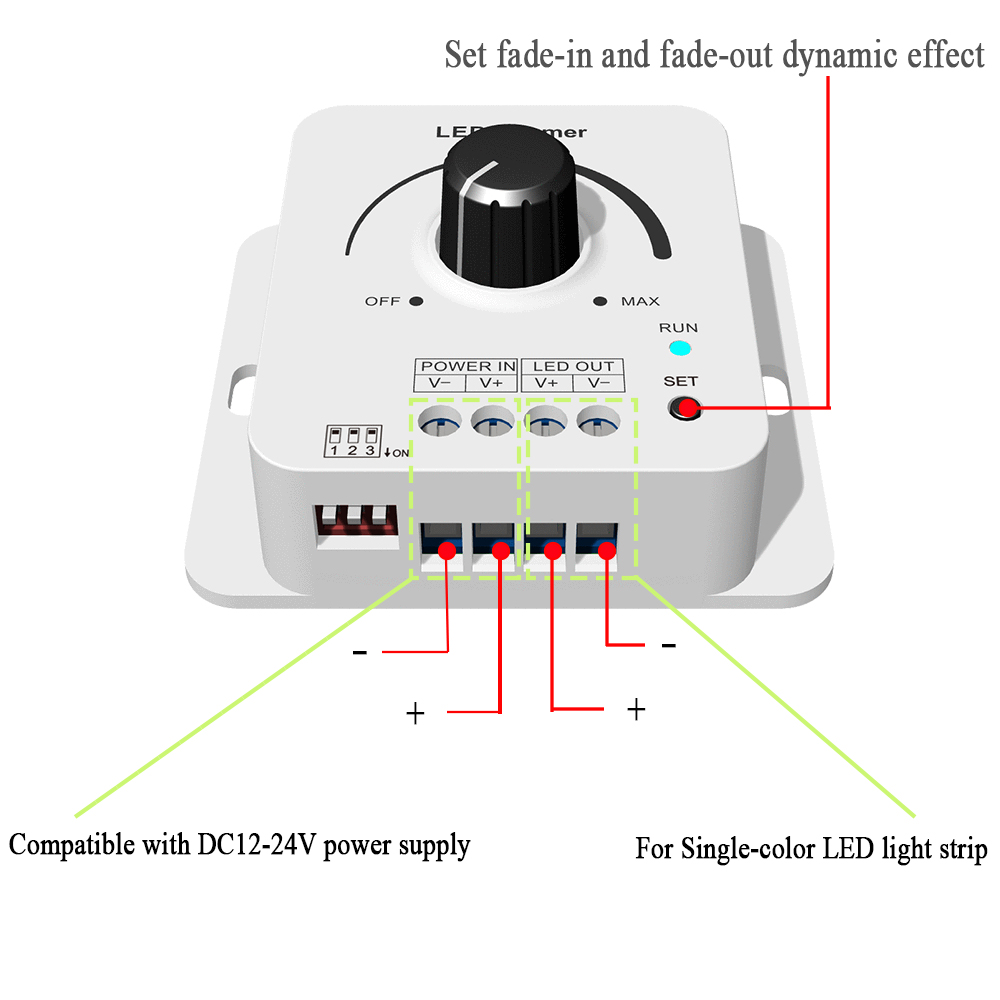 LED Light Strip Dimmer With Fade Effect DC12V-24V 8.5A PWM Dimming Controller for Dimmer Knob Adjust Brightness ON/Off Switch