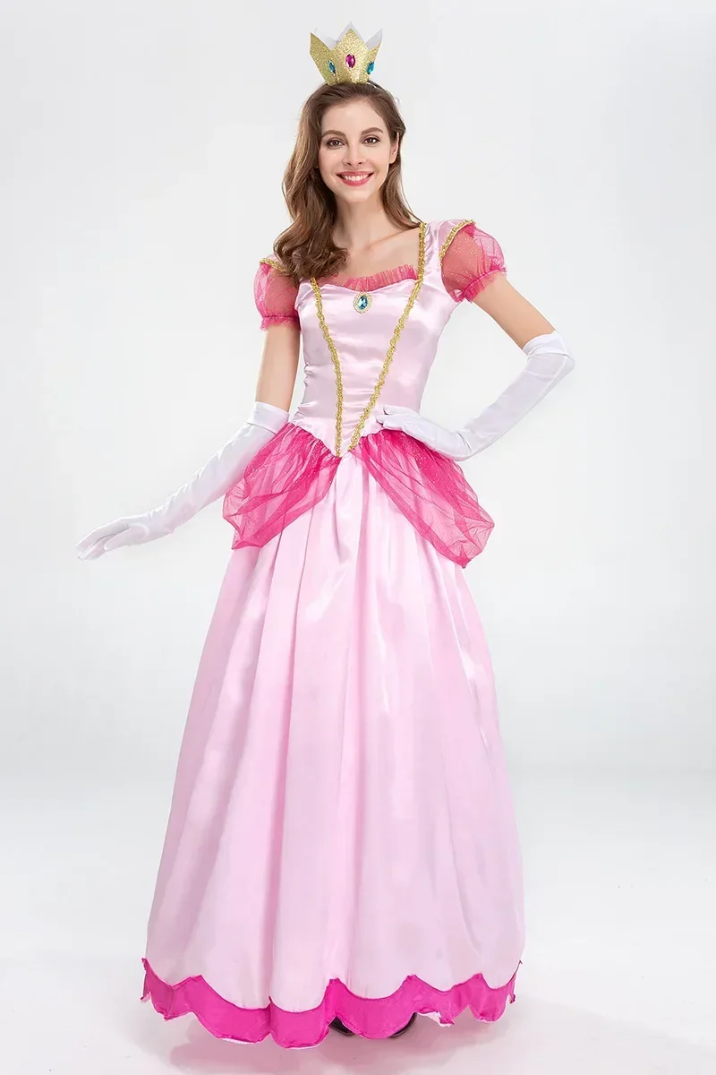 Costume da principessa peach per donna, cosplay, festa di halloween, travestimento, abbigliamento per donna, abito rosa elegante