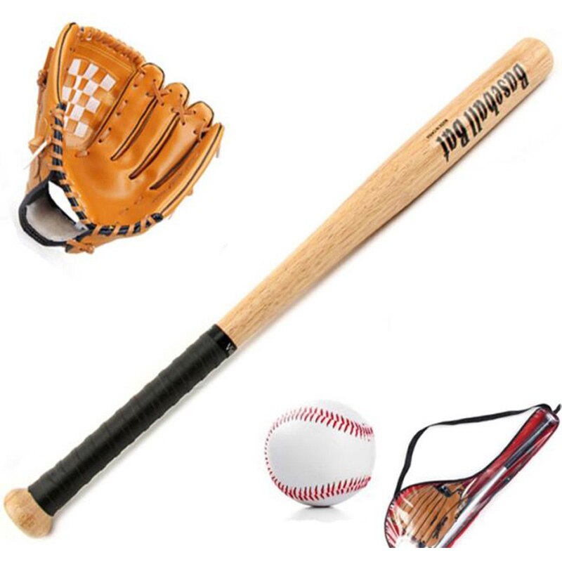 Kids Outdoor Professionele 25 Inch Houten Honkbalknuppel En Softbal Bal & Baseball Handschoenen Exercise Training Baseball Set Met Zak,: Default Title