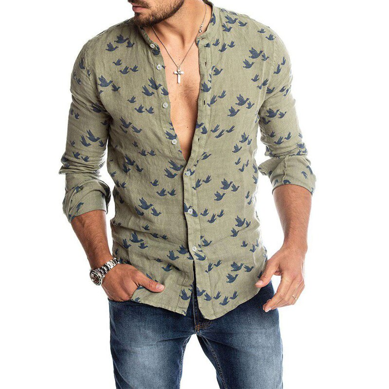Bird Printed Linen Shirt For Women Casual Stand Collar Short Sleeve Summer Shirts White Male Blouse Men's Clothing